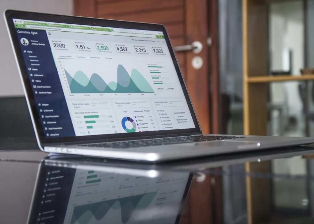A laptop showing a dashboard of results